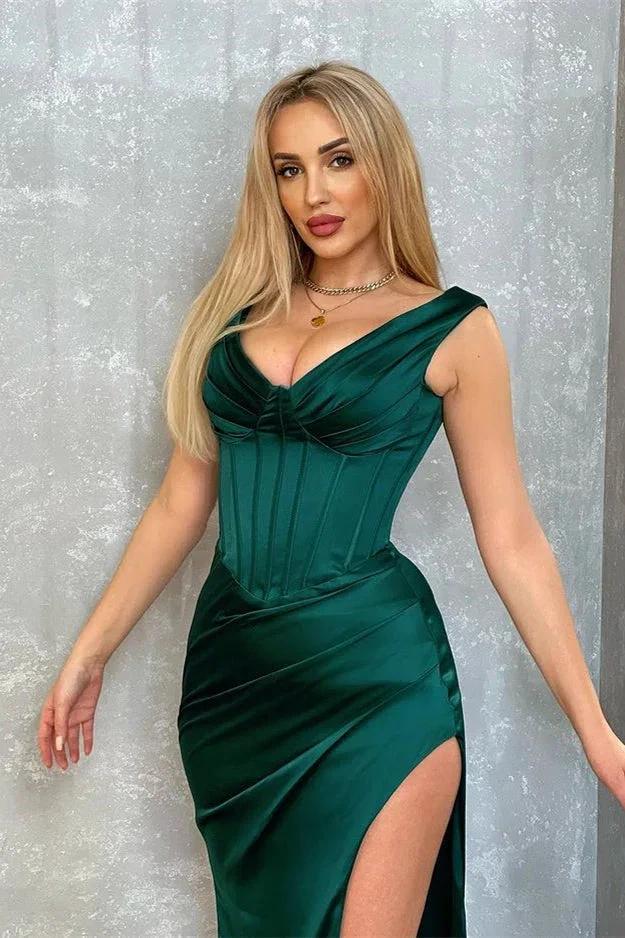 Dark Green Long Mermaid V-neck Satin Sleeveless Evening Dress with Slit