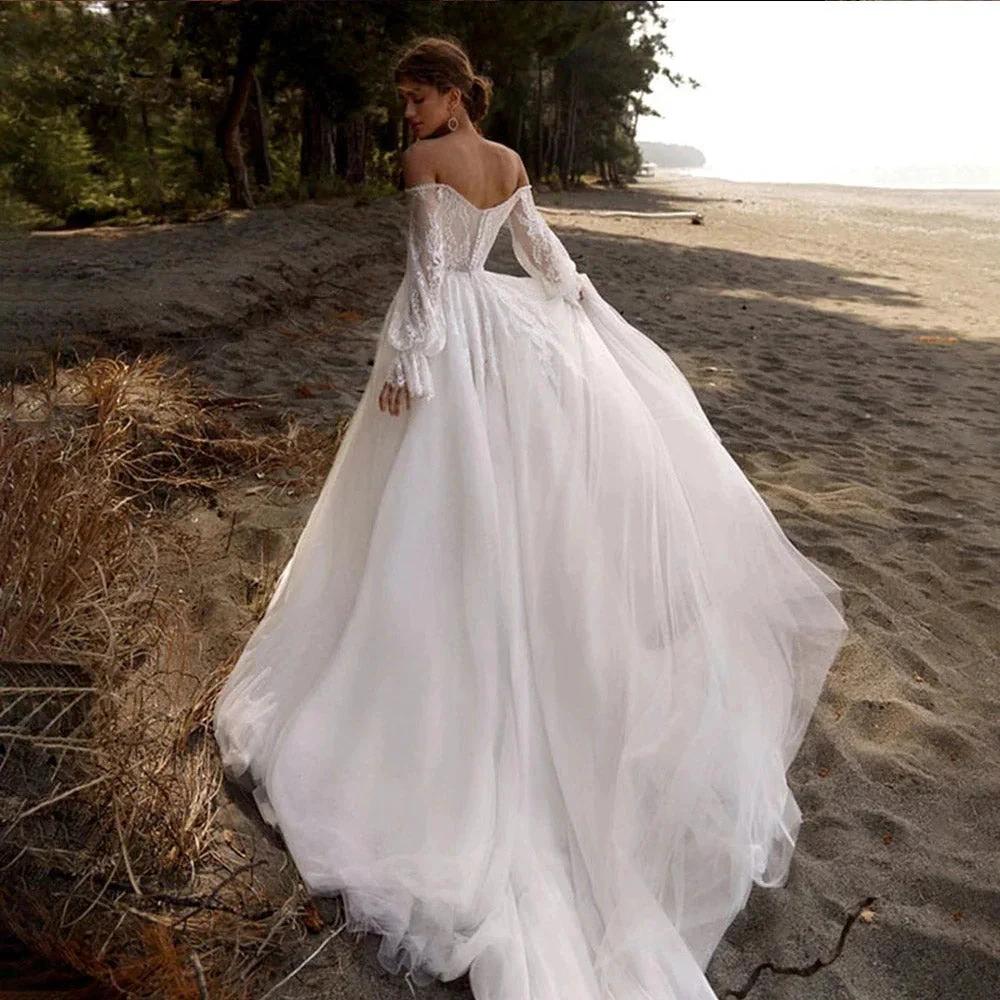 Off The Shoulder Wedding Dress Lace Applique Sweetheart Bridal Gown Puff Long Sleeves Vestido De Novia