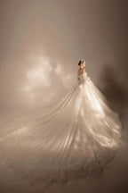 Gorgeous Long Ball Gown Off-the-Shoulder Tulle Wedding Dress with 3D Floral & Crystal Embroidery & Cathedral Train H009
