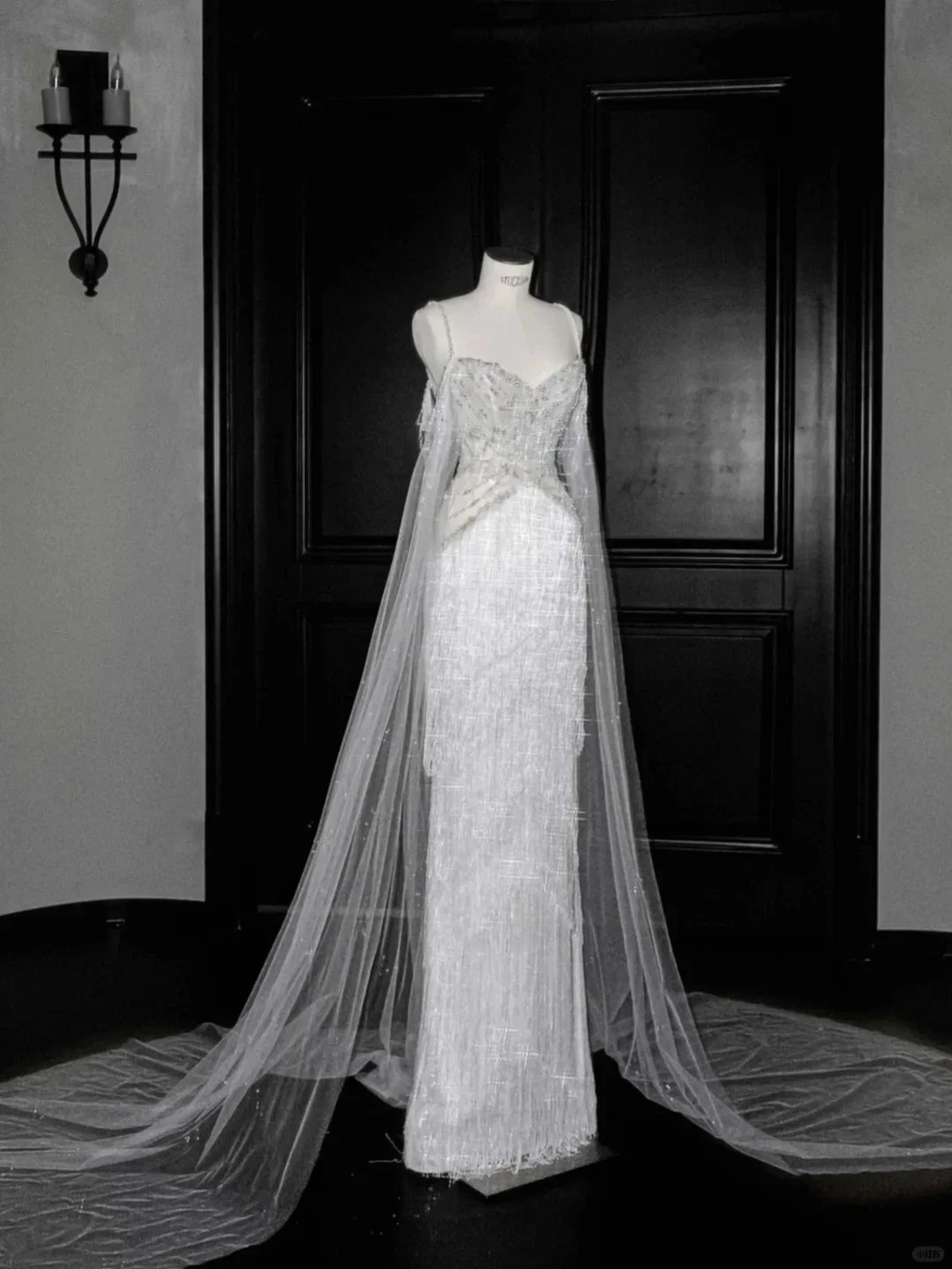 Luxury White Tulle Pearl Bead Chain Beaded Tassel Prom Dress Evening Dress,Off Shoulder Wedding Dress Y8662