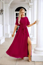 Ladies Chiffon Sleeve Crew Neck Front Slit Floor Length Bridesmaid Evening Dress Wedding Party Evening Dress 28124