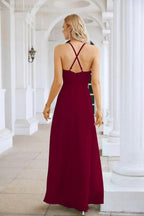 Ladies Chiffon Spaghetti Strap V Neck Front Slit Floor Length Bridesmaid Evening Dress Prom Party Wedding Evening Dress 28116
