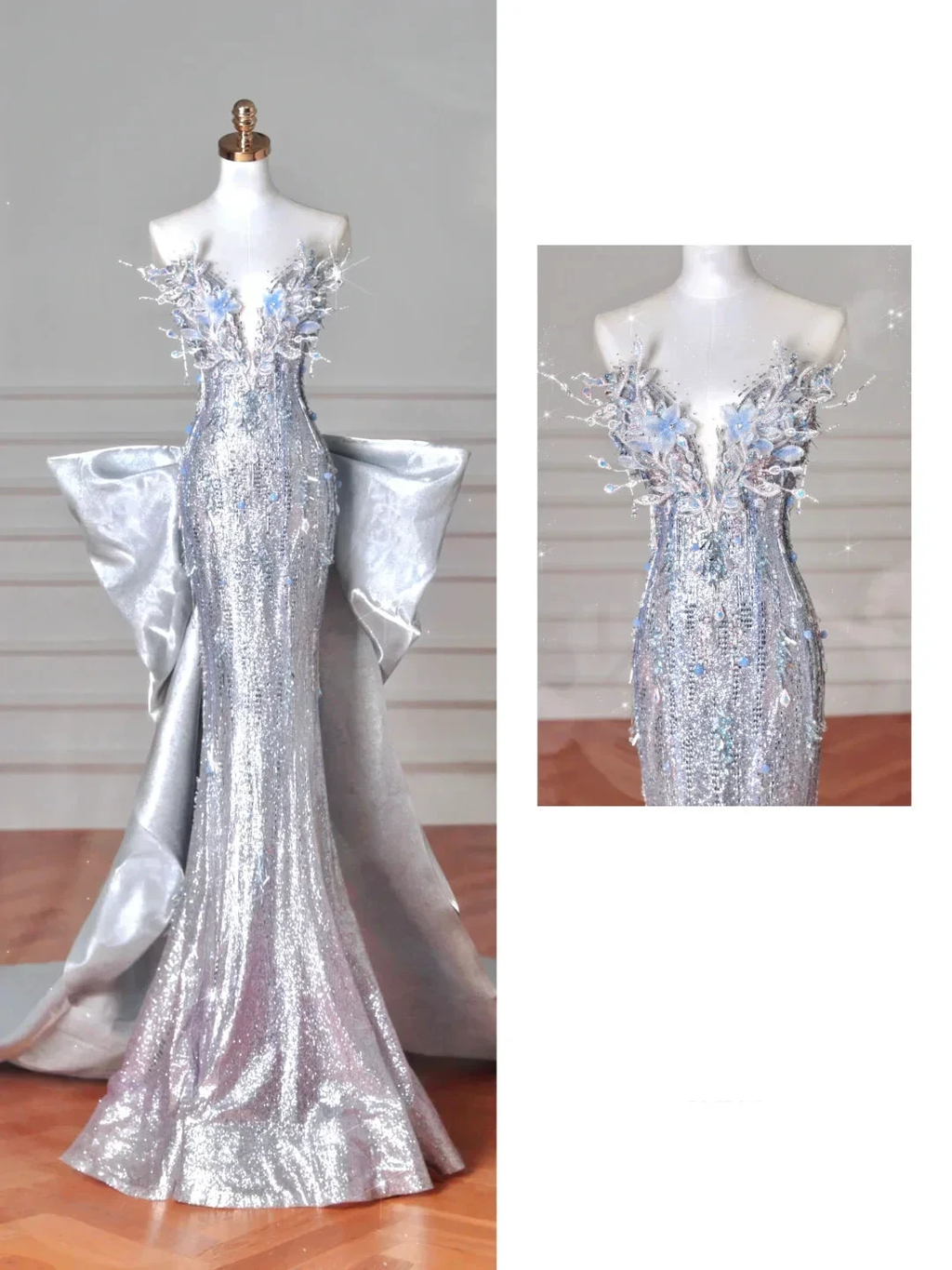 Luxury Silver Sequin 3D Beaded Mermaid Evening Dress Long Prom Dress With Bow Y8640