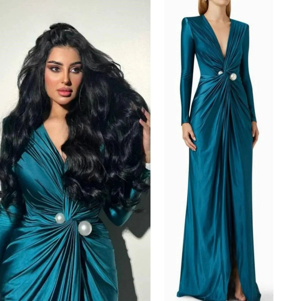 V-neck Long Sleeves Formal Evening Dress Pearls Ruched Floor-length Elegant Women Wedding Party Dresses For Prom