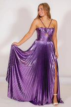 Madalyn| Metallic Keyhole Spaghetti Strap Long Prom Dress with Slit