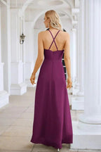 Ladies Chiffon Spaghetti Strap V Neck Front Slit Floor Length Bridesmaid Evening Dress Prom Party Wedding Evening Dress 28116