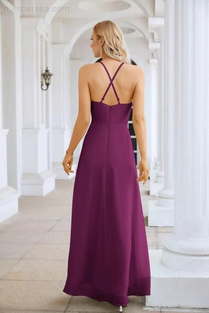 Ladies Chiffon Spaghetti Strap V Neck Front Slit Floor Length Bridesmaid Evening Dress Prom Party Wedding Evening Dress 28116
