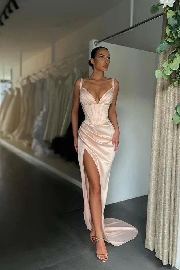 Spaghetti Straps Sleeveless V-Neck Split Prom Dress