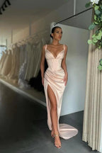 Spaghetti Straps Sleeveless V-Neck Split Prom Dress