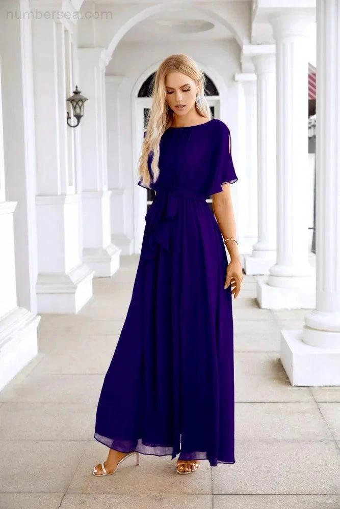 Ladies Chiffon Sleeve Crew Neck Front Slit Floor Length Bridesmaid Evening Dress Wedding Party Evening Dress 28124