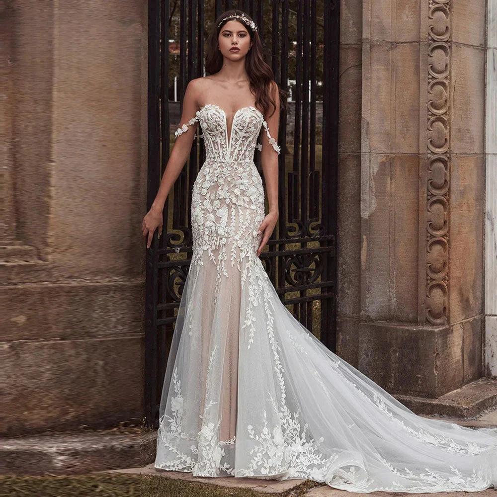 CHANDELA Charming Wedding Dresses Scoop Spaghetti Straps Trumpet Appliques Bridal Gown Robe For Women Custom Made