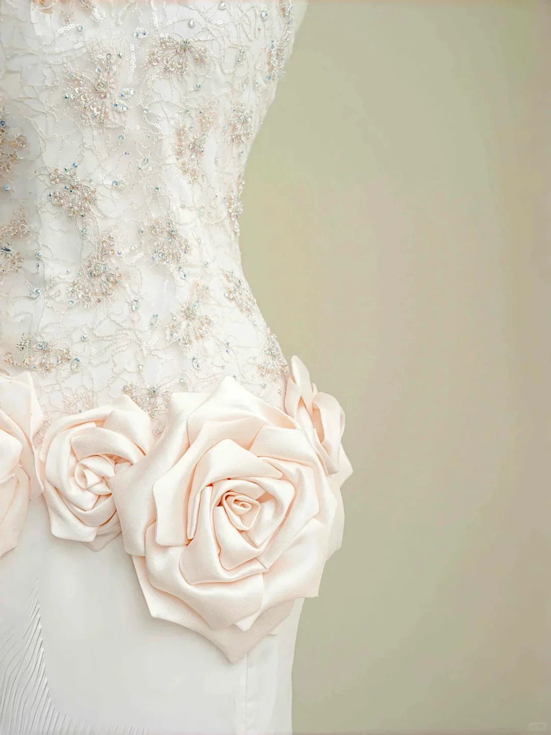 Elegant Light Pink Satin Lace Sequin Beaded Evening Dress Slit Mermaid Prom Dress Y8672