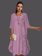 Two Piece A-Line Chiffon Lace Sleeveless Jacket Dresses with Pleats Appliques