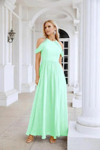 Ladies Chiffon Off Shoulder Swing Sleeve Front Slit Bridesmaid Evening Dress Wedding Party Evening Dress 28117