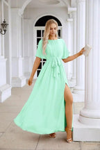 Ladies Chiffon Sleeve Crew Neck Front Slit Floor Length Bridesmaid Evening Dress Wedding Party Evening Dress 28124