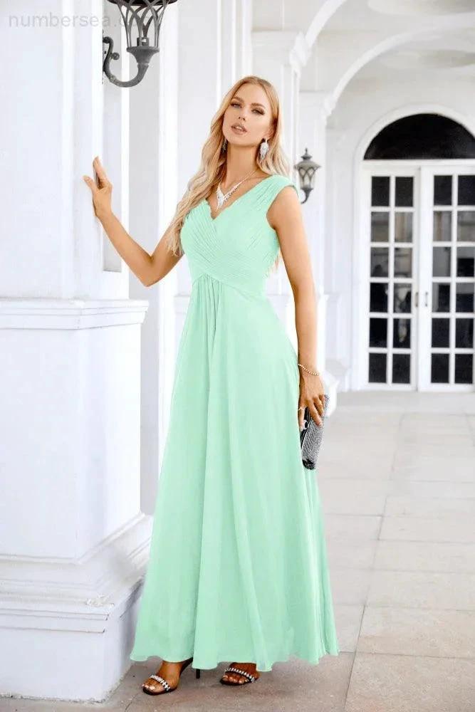 Ladies Chiffon V Neck Sleeveless Floor Length Bridesmaid Evening Dress Wedding Party Evening Dress 28126