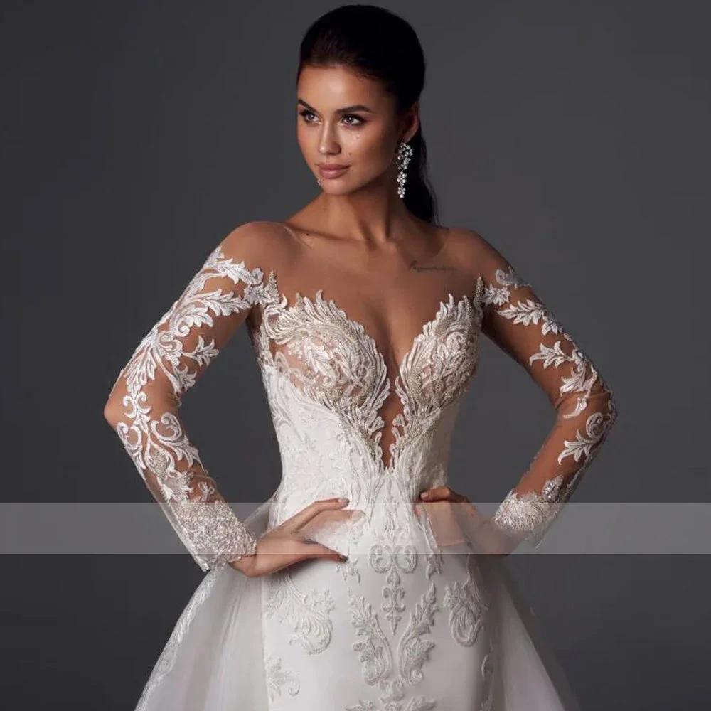 Loverxu Mermaid Vintage Wedding Dresses 2023 Sweetheart Long Sleeve Vestido De Novia Appliques Detachable Train Robe De Mariee