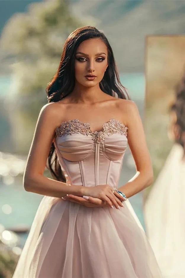 Strapless A-line Long Prom Dress with Tulle Applique and Pleats