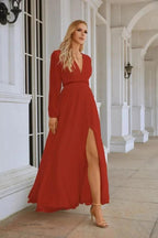 Ladies V Neck Chiffon Long Sleeve Front Slit Bridesmaid Evening Dress Wedding Party Shopping Evening Dress 28109