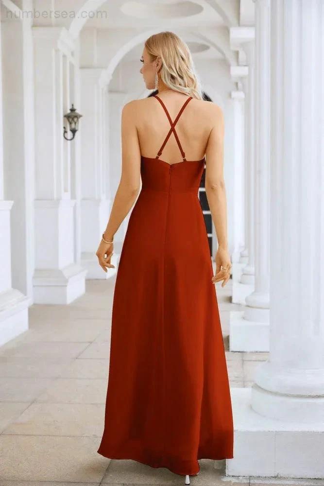 Ladies Chiffon Spaghetti Strap V Neck Front Slit Floor Length Bridesmaid Evening Dress Prom Party Wedding Evening Dress 28116
