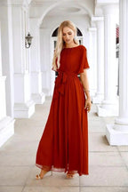 Ladies Chiffon Sleeve Crew Neck Front Slit Floor Length Bridesmaid Evening Dress Wedding Party Evening Dress 28124