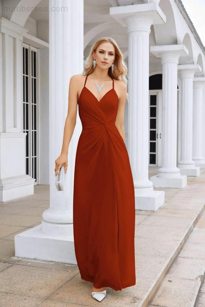 Ladies Chiffon Spaghetti Strap V Neck Front Slit Floor Length Bridesmaid Evening Dress Prom Party Wedding Evening Dress 28116