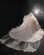 Opulent High-Neck Ball Gown Beaded Mesh Capelet Ruffled Skirt Wedding Dress with Sparkling Train Q6009