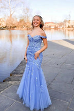 Lavender Off the Shoulder Tulle Appliques Mermaid Long Prom Dresses