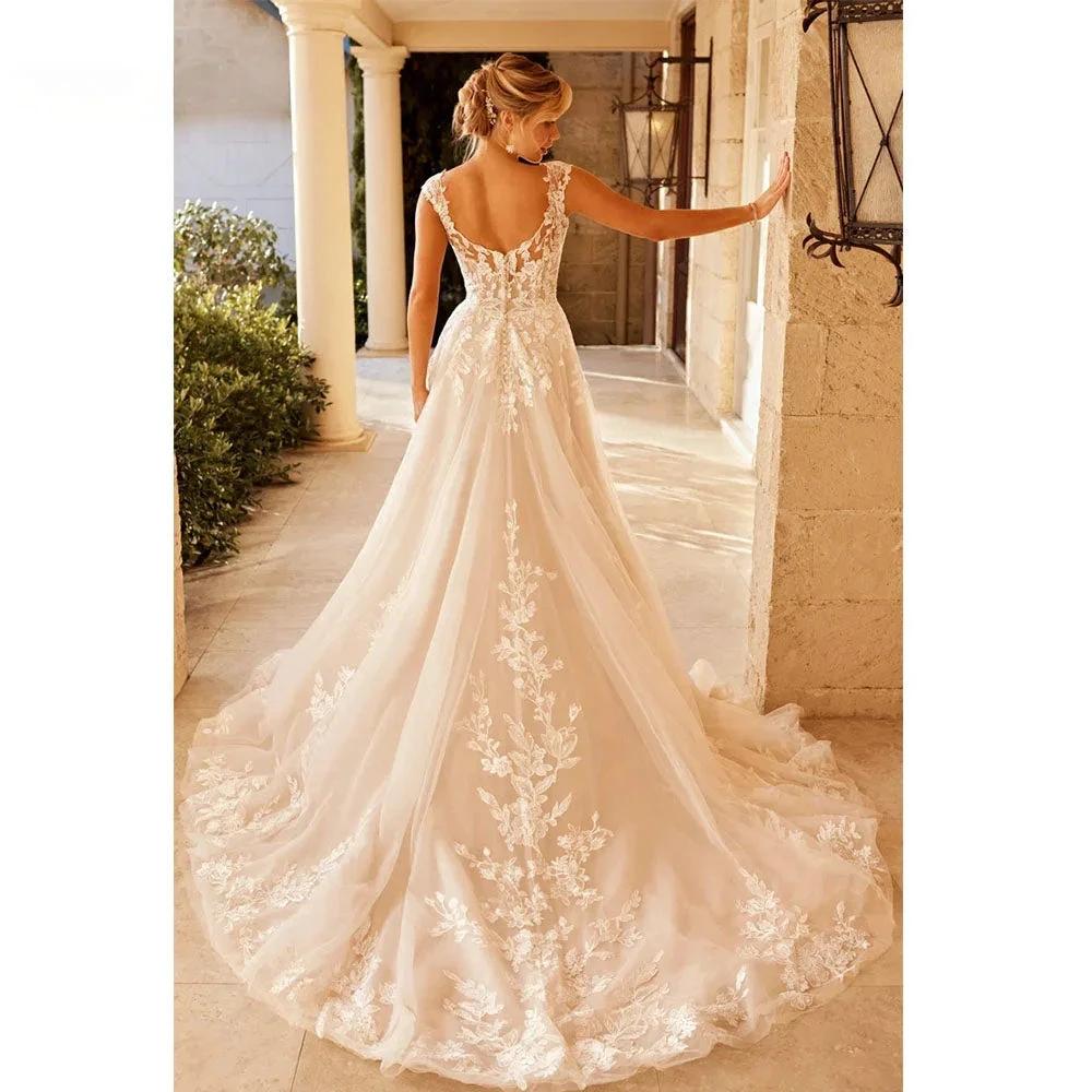 Elegant Wedding Dress For Women V-Neck Cap Sleeve Lace Appliques Vestido De Noiva With Button Sweep Train Custom Made