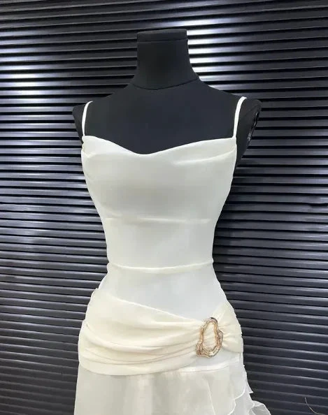 Elegant White Chiffon Mermaid Evening Dress Long Layered Prom Dress Y7716