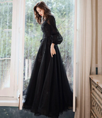 Black lace long prom dress A line evening gown Y1294