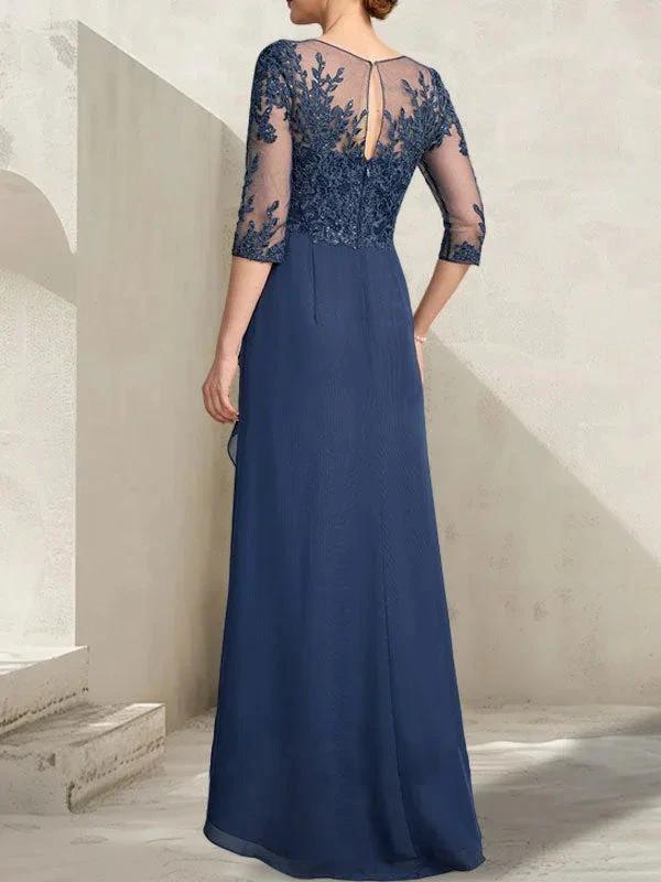 A-line Scoop Illusion Asymmetrical Lace Chiffon Mother of the Bride Dress With Sequins Cascading Ruffles