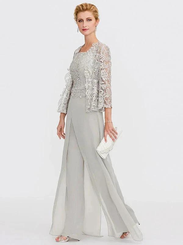 3 Piece Chiffon Square Neck Mother of the Bride Pantsuits with Jacket