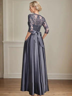 A-line Scoop Illusion Floor-Length Satin Lace Mother of the Bride Dress With Sequins Bow