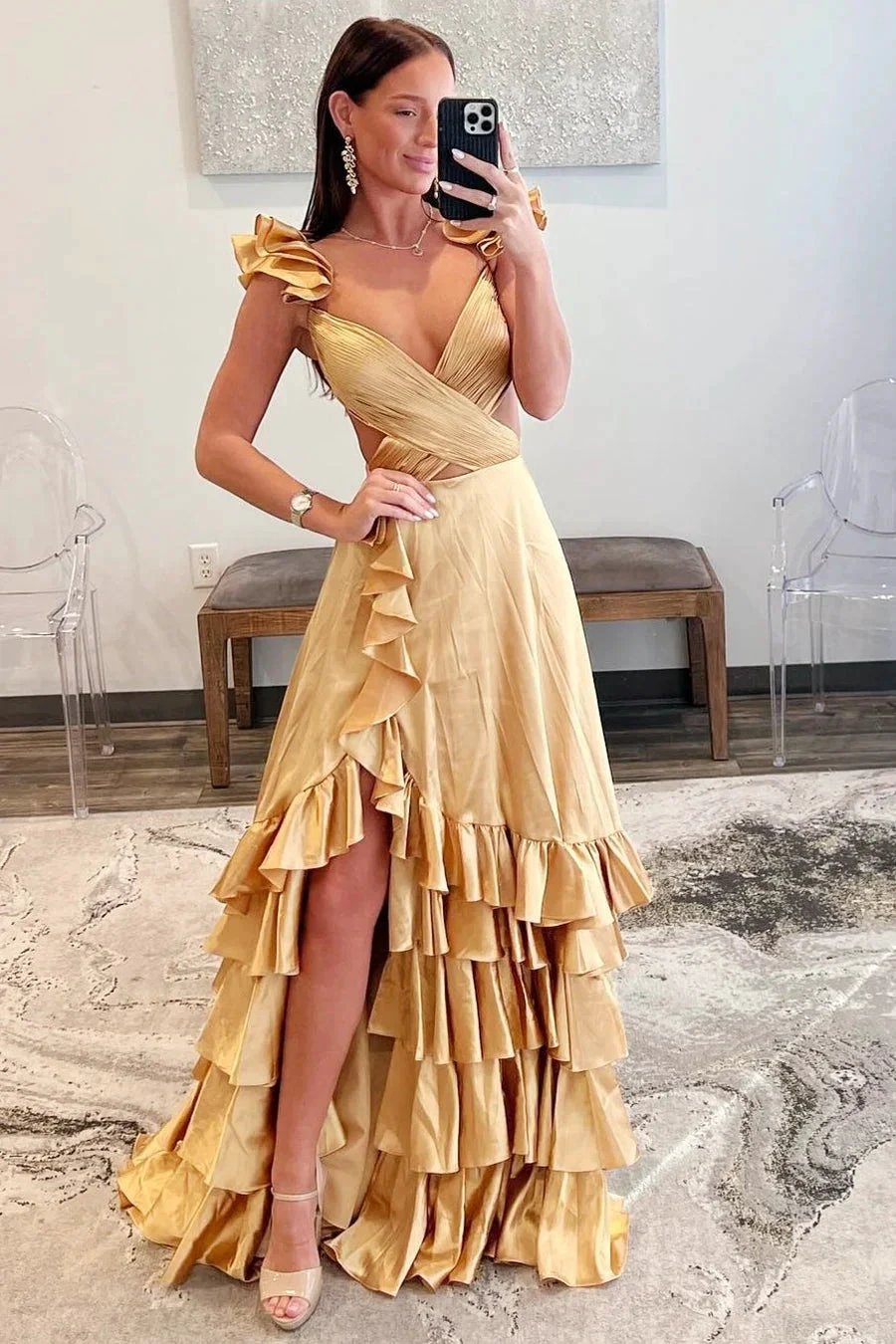 Brittany | Red Cutout Ruffle A-Line Long Prom Dress with Slit