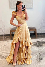 Brittany | Red Cutout Ruffle A-Line Long Prom Dress with Slit