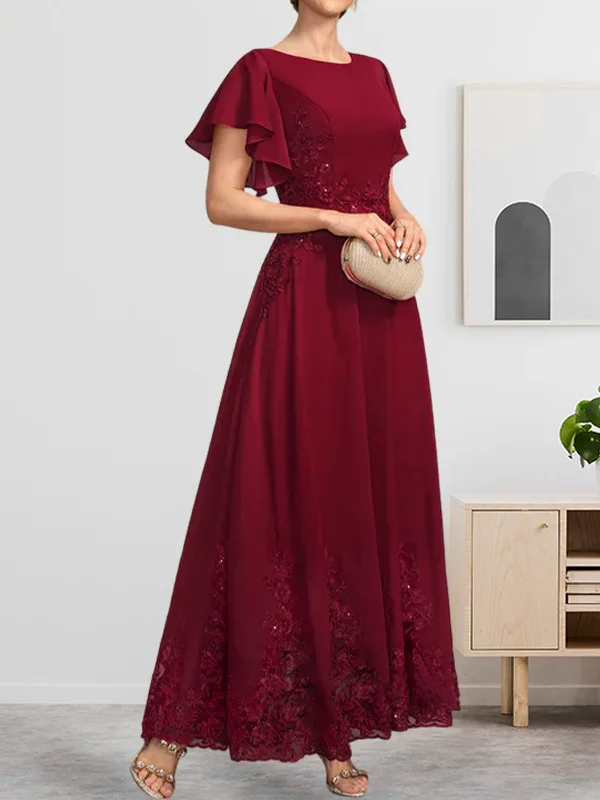 A-line Scoop Ankle-Length Lace Chiffon Mother of the Bride Dress With Sequins