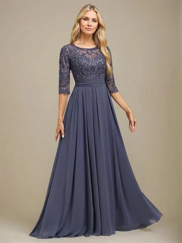 A-Line Scoop Floor-Length Lace Chiffon Mother Of the Bride Dress With Sequins Applique