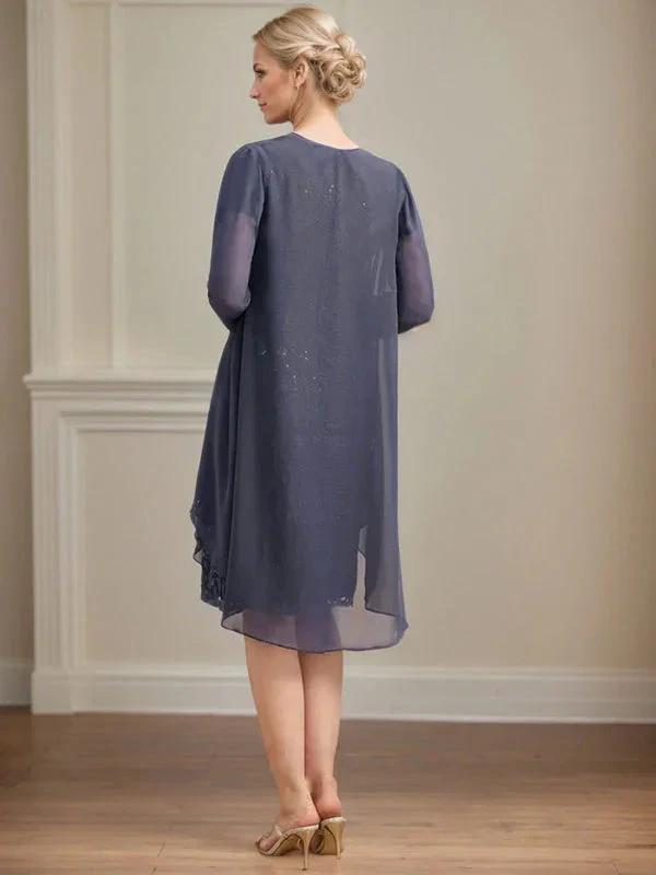 Sheath/Column Scoop Illusion Knee-Length Lace Chiffon Mother of the Bride Dress With Cascading Ruffles Sequins