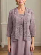 A-line Scoop Tea-Length Lace Chiffon Mother of the Bride Dress