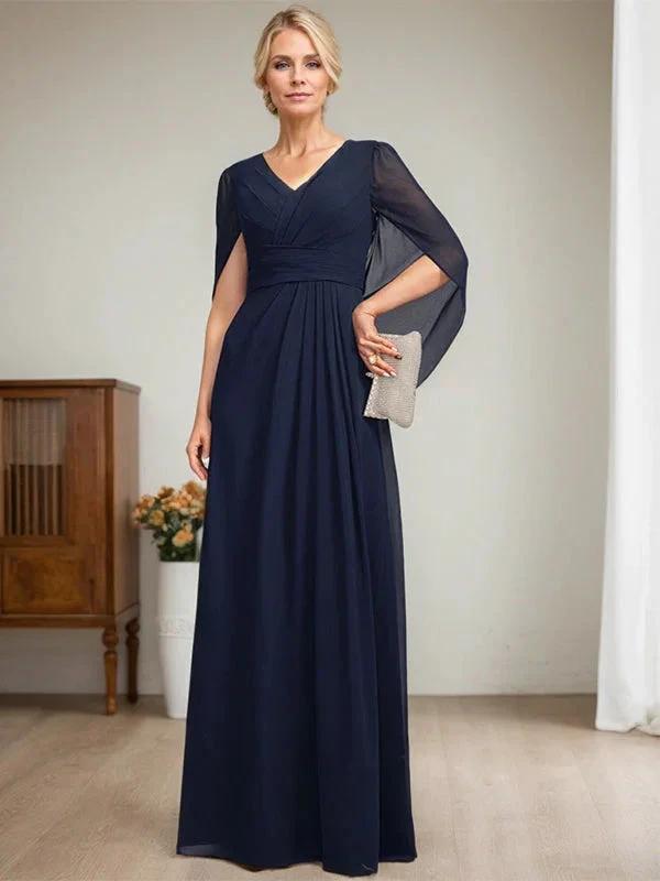 Dark Navy A-Line V-Neck Long Mother of Bride Dress