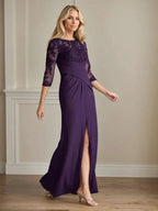 Plum Sheath Lace Stretch Crepe Mother of the Bride Dress
