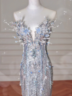 Luxury Silver Sequin 3D Beaded Mermaid Evening Dress Long Prom Dress With Bow Y8640