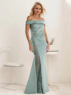 A-Line Off the Shoulder Floor-Length Mother of the Bride Dress Applique Beadings Mermaid Dress With  High Split