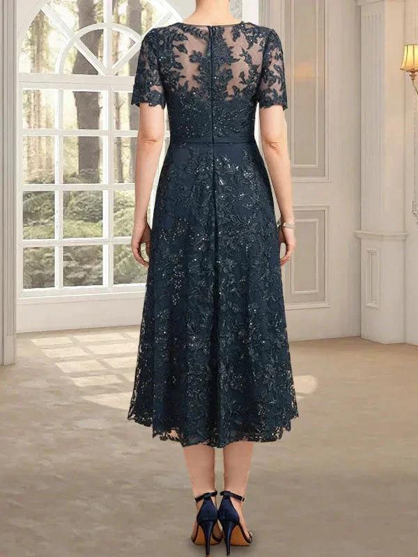 A-line Scoop Illusion Tea-Length Lace Mother of the Bride Dress With Sequins