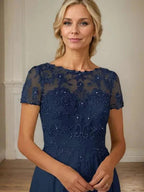 Dark Navy A-Line Boatneck Sequins Chiffon Dress