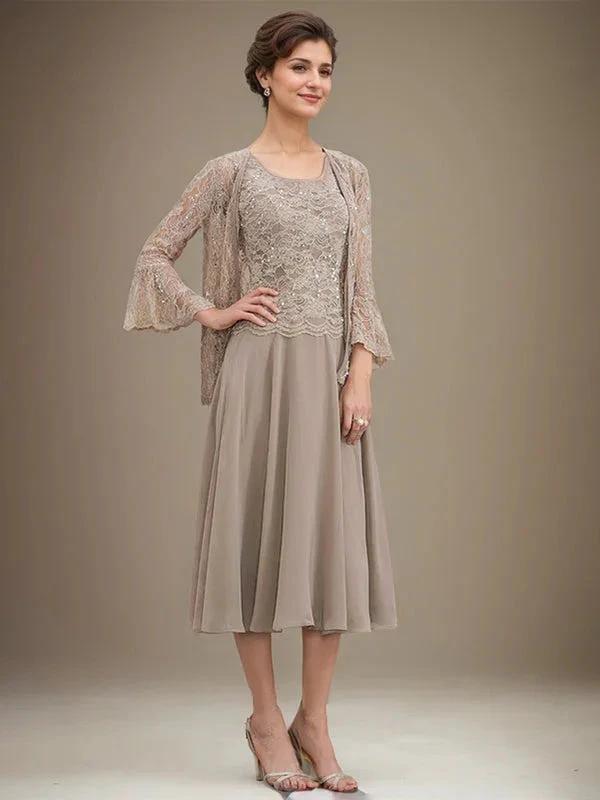 A-line Scoop Tea-Length Lace Chiffon Mother of the Bride Dress With Sequins
