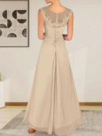 Champagne A-Line Scoop Lace Chiffon Dress