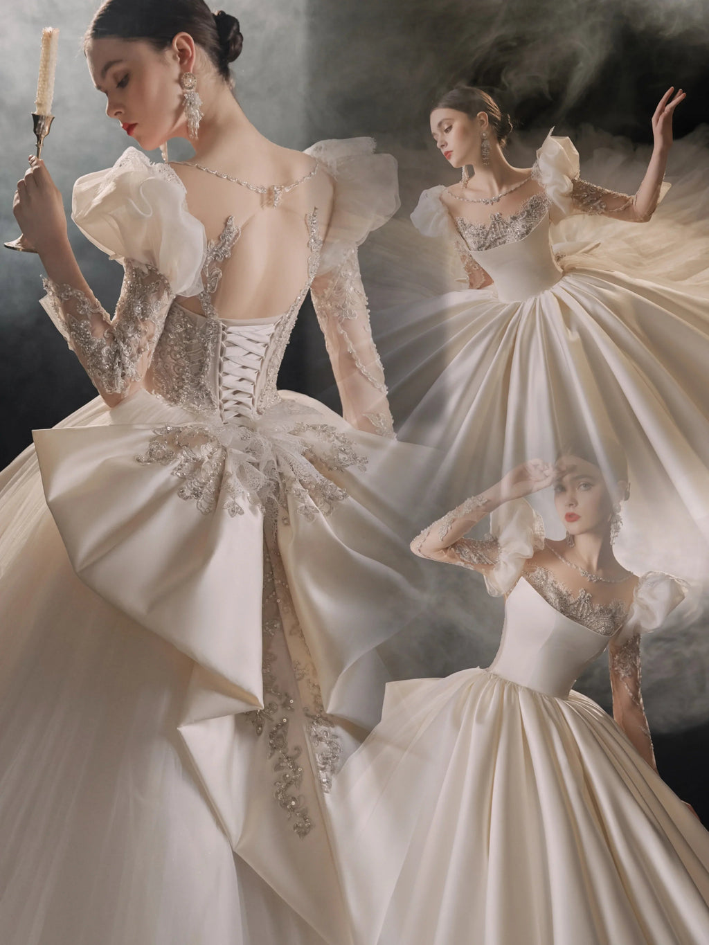 Regal Ball Gown Illusion Neckline Tulle Puff Sleeve Beaded Lace Wedding Dress with Oversized Bow Train E-304