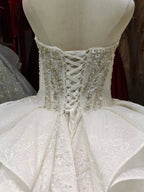 White Gleam Strapless Ballgown Beaded Bust & Ruffled Train